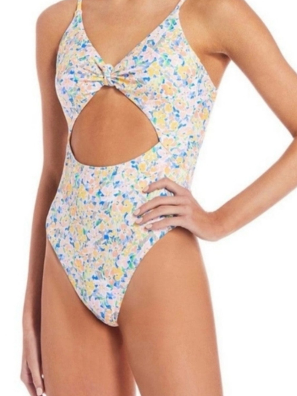 Gianni Bini Pastel Floral Cutout One-Piece Swimsuit - Blue, Yellow, Pink